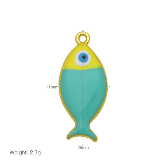 Bild von 2 Stück Messing Ozean Schmuck Charms Großhandel 18K Vergoldet Grün Emaille Fisch 25mm x 11mm