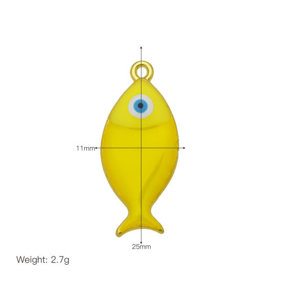 Bild von 2 Stück Messing Ozean Schmuck Charms Großhandel 18K Vergoldet Gelb Emaille Fisch 25mm x 11mm
