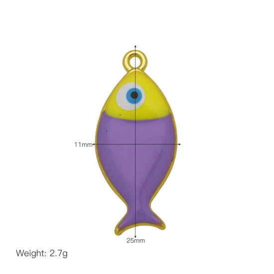 Bild von 2 Stück Messing Ozean Schmuck Charms Großhandel 18K Vergoldet Lila Emaille Fisch 25mm x 11mm