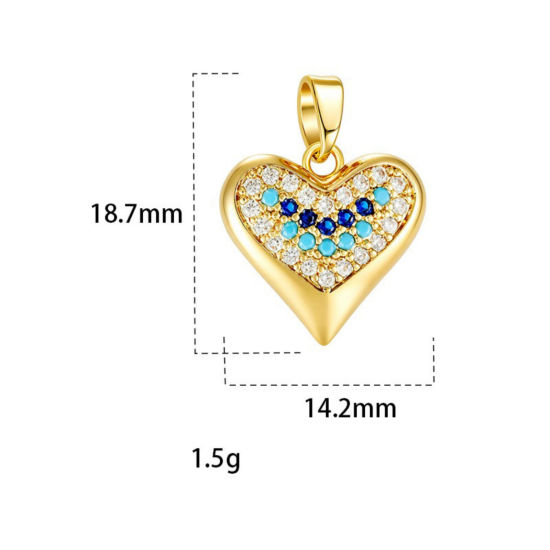Image de 2 Pcs Pendentif Breloque En Gros en Laiton Plaqué Or 18K Cœur Micro Pave à Zircone Cubique Bleu 18.7mm x 14.2mm