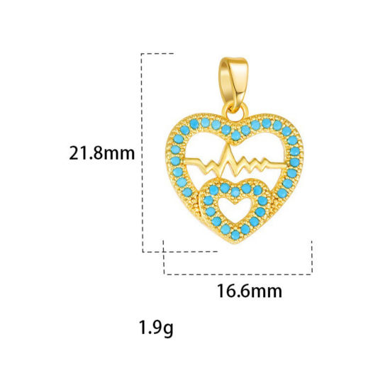 Image de 2 Pcs Pendentif Breloque En Gros en Laiton Plaqué Or 18K Cœur Electrocardiogramme Micro Pave à Zircone Cubique Bleu 21.8mm x 16.6mm