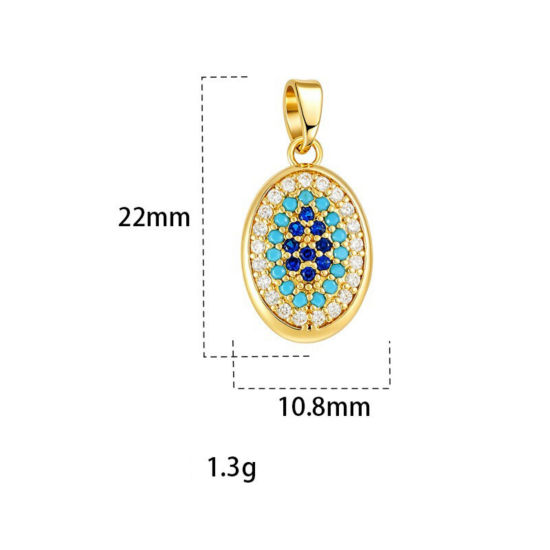 Image de 2 Pcs Pendentif Breloque En Gros en Laiton Plaqué Or 18K Ovale Micro Pave à Zircone Cubique Bleu 22mm x 10.8mm