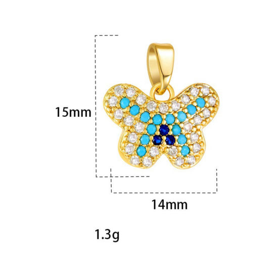Image de 2 Pcs Pendentif Breloque En Gros en Laiton Plaqué Or 18K Papillon Micro Pave à Zircone Cubique Bleu 15mm x 14mm
