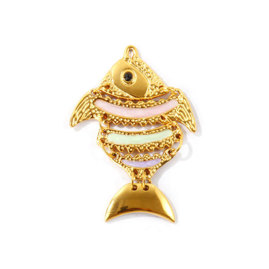 Bild von 1 Stück Umweltfreundliche PVD Wasserdicht Anlaufgeschützt Hypoallergen 304 Edelstahl Ozean Schmuck Anhänger Großhandel 18K Echtgold plattiert Bunt Emaille Fisch Beweglich 5.2cm x 3.4cm