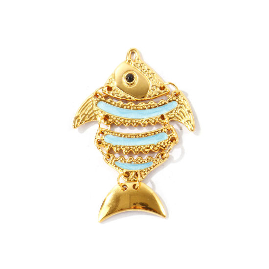 Bild von 1 Stück Umweltfreundliche PVD Wasserdicht Anlaufgeschützt Hypoallergen 304 Edelstahl Ozean Schmuck Anhänger Großhandel 18K Echtgold plattiert Blau Emaille Fisch Beweglich 5.2cm x 3.4cm