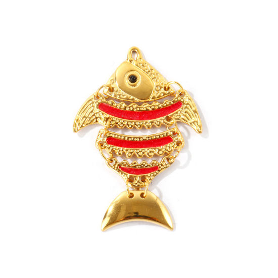 Bild von 1 Stück Umweltfreundliche PVD Wasserdicht Anlaufgeschützt Hypoallergen 304 Edelstahl Ozean Schmuck Anhänger Großhandel 18K Echtgold plattiert Rot Emaille Fisch Beweglich 5.2cm x 3.4cm