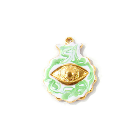 Bild von 2 Stück Umweltfreundliche PVD Wasserdicht Anlaufgeschützt Hypoallergen 304 Edelstahl Charms Großhandel 18K Echtgold plattiert Grün Emaille Muschel Auge Perlmuttartig 29mm x 23mm