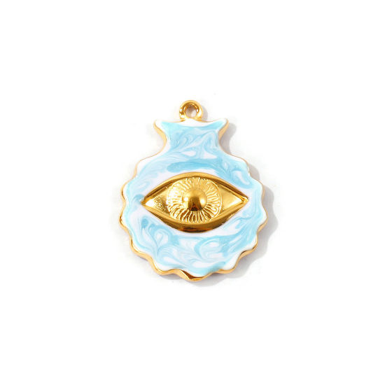 Bild von 2 Stück Umweltfreundliche PVD Wasserdicht Anlaufgeschützt Hypoallergen 304 Edelstahl Charms Großhandel 18K Echtgold plattiert Blau Emaille Muschel Auge Perlmuttartig 29mm x 23mm