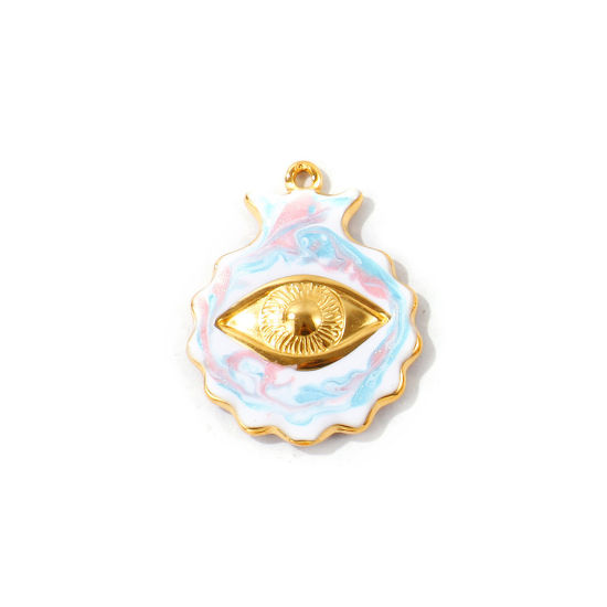 Bild von 2 Stück Umweltfreundliche PVD Wasserdicht Anlaufgeschützt Hypoallergen 304 Edelstahl Charms Großhandel 18K Echtgold plattiert Blau Emaille Muschel Auge Perlmuttartig 29mm x 23mm