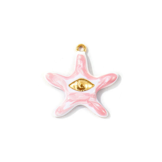 Bild von 2 Stück Umweltfreundliche PVD Wasserdicht Anlaufgeschützt Hypoallergen 304 Edelstahl Ozean Schmuck Charms Großhandel 18K Echtgold plattiert Rosa Emaille Seesterne Auge Perlmuttartig 25mm x 25mm
