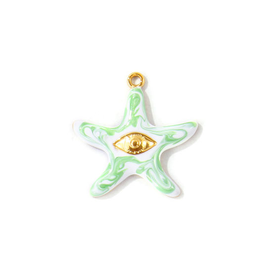 Bild von 2 Stück Umweltfreundliche PVD Wasserdicht Anlaufgeschützt Hypoallergen 304 Edelstahl Ozean Schmuck Charms Großhandel 18K Echtgold plattiert Grün Emaille Seesterne Auge Perlmuttartig 25mm x 25mm