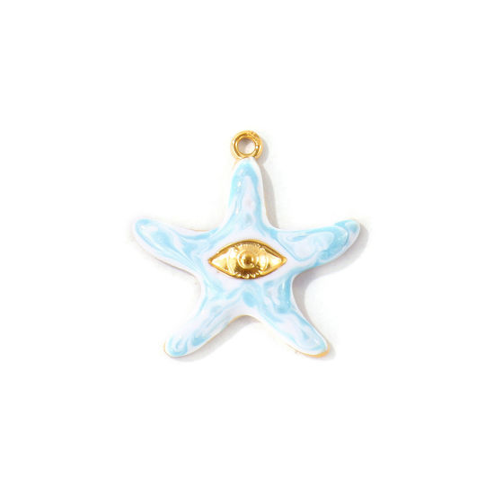 Bild von 2 Stück Umweltfreundliche PVD Wasserdicht Anlaufgeschützt Hypoallergen 304 Edelstahl Ozean Schmuck Charms Großhandel 18K Echtgold plattiert Blau Emaille Seesterne Auge Perlmuttartig 25mm x 25mm