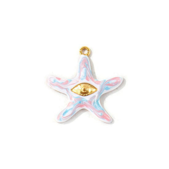 Bild von 2 Stück Umweltfreundliche PVD Wasserdicht Anlaufgeschützt Hypoallergen 304 Edelstahl Ozean Schmuck Charms Großhandel 18K Echtgold plattiert Rosa Emaille Seesterne Auge Perlmuttartig 25mm x 25mm
