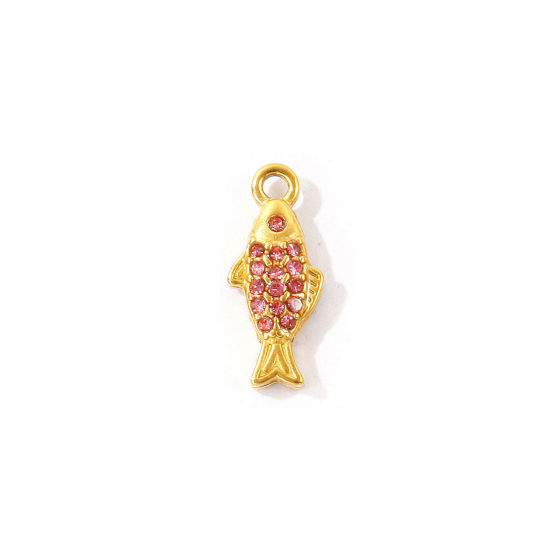 2 個 エコフレンドリー PVD 304ステンレス鋼 海ジュエリー チャーム 卸売り 18Kゴールドメッキ 魚 マイクロパヴェ ピンク ラインストーン 14mm x 6mm、 の画像