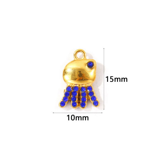 2 個 エコフレンドリー PVD 304ステンレス鋼 海ジュエリー チャーム 卸売り 18Kゴールドメッキ 章魚 マイクロパヴェ サファイア・ブルー ラインストーン 15mm x 10mm、 の画像