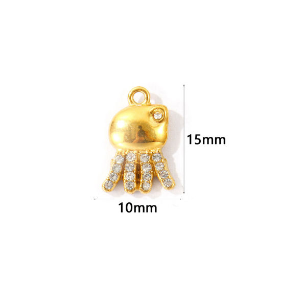 2 個 エコフレンドリー PVD 304ステンレス鋼 海ジュエリー チャーム 卸売り 18Kゴールドメッキ 章魚 マイクロパヴェ 透明 ラインストーン 15mm x 10mm、 の画像