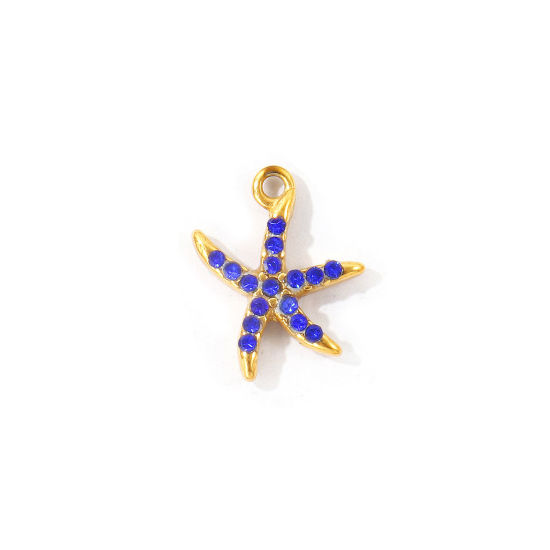 Bild von 2 Stück Umweltfreundliche PVD 304 Edelstahl Ozean Schmuck Charms Großhandel 18K Vergoldet Seesterne Micro Pave Saphirblau Strass 14mm x 11mm