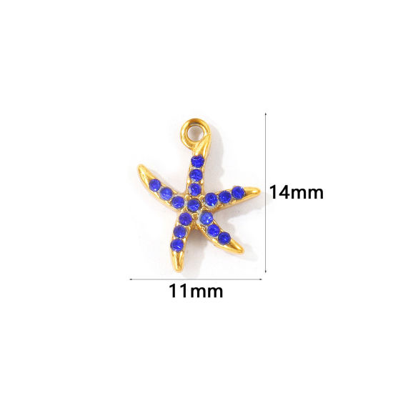 Bild von 2 Stück Umweltfreundliche PVD 304 Edelstahl Ozean Schmuck Charms Großhandel 18K Vergoldet Seesterne Micro Pave Saphirblau Strass 14mm x 11mm