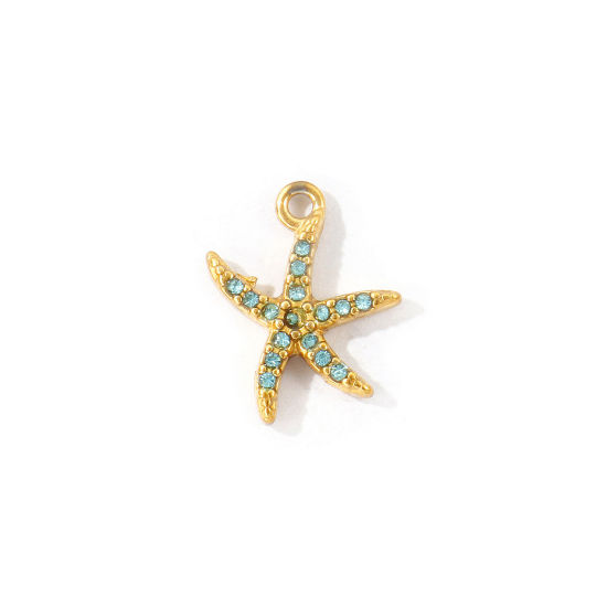 Bild von 2 Stück Umweltfreundliche PVD 304 Edelstahl Ozean Schmuck Charms Großhandel 18K Vergoldet Seesterne Micro Pave Cyan Strass 14mm x 11mm