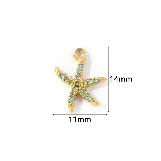 Bild von 2 Stück Umweltfreundliche PVD 304 Edelstahl Ozean Schmuck Charms Großhandel 18K Vergoldet Seesterne Micro Pave Cyan Strass 14mm x 11mm