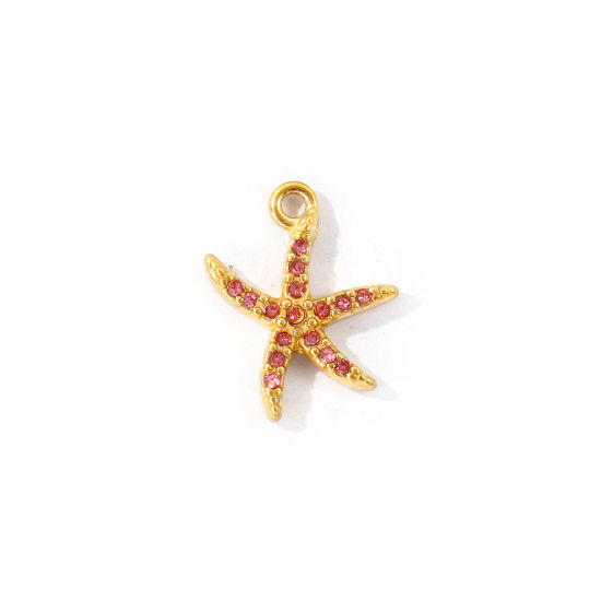 Bild von 2 Stück Umweltfreundliche PVD 304 Edelstahl Ozean Schmuck Charms Großhandel 18K Vergoldet Seesterne Micro Pave Rosa Strass 14mm x 11mm