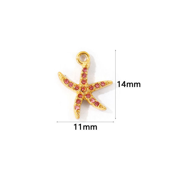 Bild von 2 Stück Umweltfreundliche PVD 304 Edelstahl Ozean Schmuck Charms Großhandel 18K Vergoldet Seesterne Micro Pave Rosa Strass 14mm x 11mm