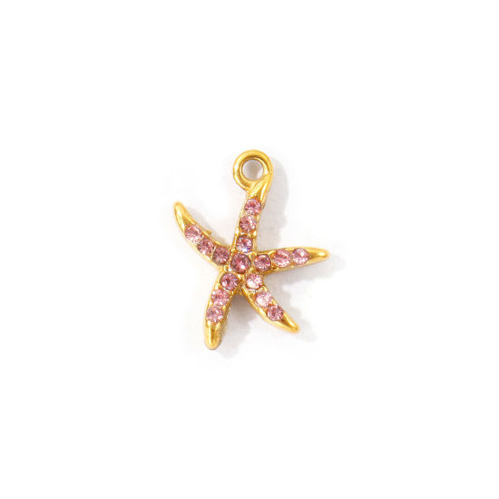 Bild von 2 Stück Umweltfreundliche PVD 304 Edelstahl Ozean Schmuck Charms Großhandel 18K Vergoldet Seesterne Micro Pave Rosa Strass 14mm x 11mm