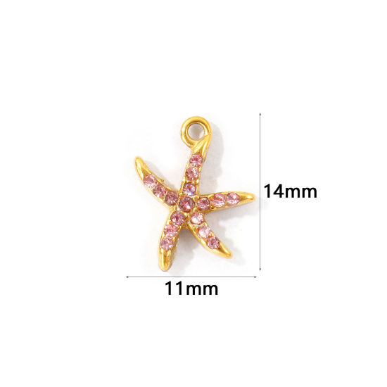 Bild von 2 Stück Umweltfreundliche PVD 304 Edelstahl Ozean Schmuck Charms Großhandel 18K Vergoldet Seesterne Micro Pave Rosa Strass 14mm x 11mm