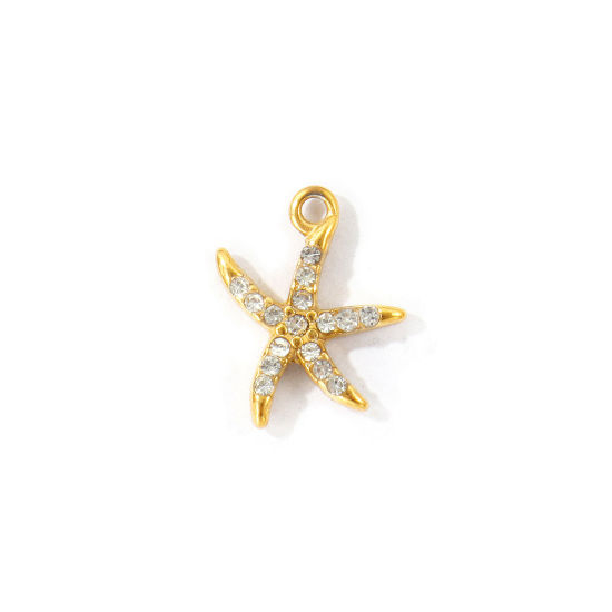 Bild von 2 Stück Umweltfreundliche PVD 304 Edelstahl Ozean Schmuck Charms Großhandel 18K Vergoldet Seesterne Micro Pave Transparent Strass 14mm x 11mm