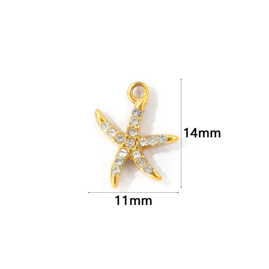 Bild von 2 Stück Umweltfreundliche PVD 304 Edelstahl Ozean Schmuck Charms Großhandel 18K Vergoldet Seesterne Micro Pave Transparent Strass 14mm x 11mm
