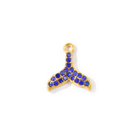 Bild von 2 Stück Umweltfreundliche PVD 304 Edelstahl Ozean Schmuck Charms Großhandel 18K Vergoldet Fischschwanz Micro Pave Saphirblau Strass 13mm x 12mm
