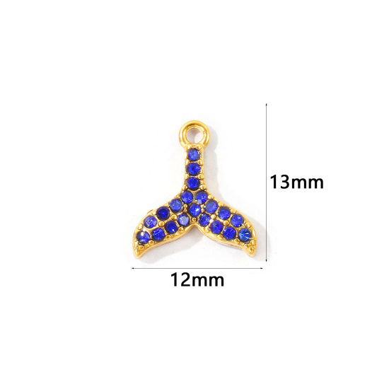 Bild von 2 Stück Umweltfreundliche PVD 304 Edelstahl Ozean Schmuck Charms Großhandel 18K Vergoldet Fischschwanz Micro Pave Saphirblau Strass 13mm x 12mm