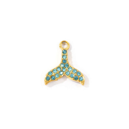 Bild von 2 Stück Umweltfreundliche PVD 304 Edelstahl Ozean Schmuck Charms Großhandel 18K Vergoldet Fischschwanz Micro Pave Cyan Strass 13mm x 12mm