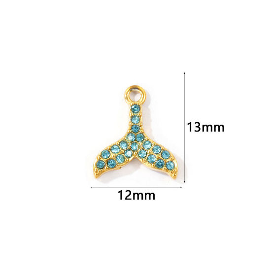 Bild von 2 Stück Umweltfreundliche PVD 304 Edelstahl Ozean Schmuck Charms Großhandel 18K Vergoldet Fischschwanz Micro Pave Cyan Strass 13mm x 12mm