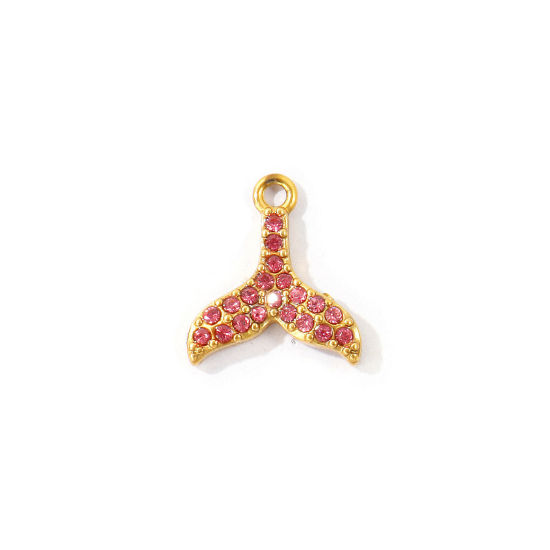 Bild von 2 Stück Umweltfreundliche PVD 304 Edelstahl Ozean Schmuck Charms Großhandel 18K Vergoldet Fischschwanz Micro Pave Rosa Strass 13mm x 12mm