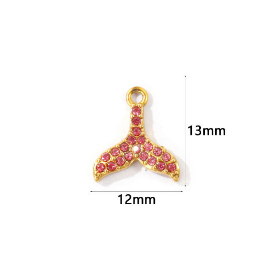 Bild von 2 Stück Umweltfreundliche PVD 304 Edelstahl Ozean Schmuck Charms Großhandel 18K Vergoldet Fischschwanz Micro Pave Rosa Strass 13mm x 12mm