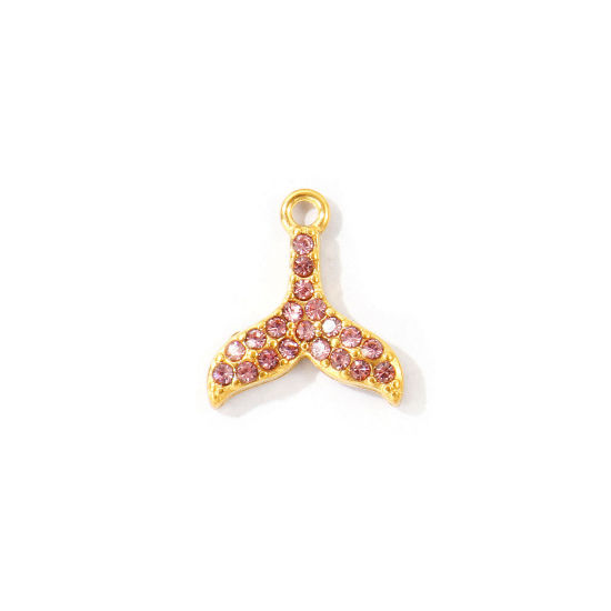 Bild von 2 Stück Umweltfreundliche PVD 304 Edelstahl Ozean Schmuck Charms Großhandel 18K Vergoldet Fischschwanz Micro Pave Rosa Strass 13mm x 12mm