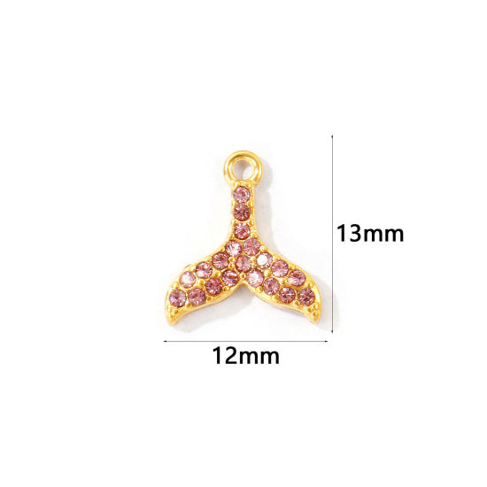 Bild von 2 Stück Umweltfreundliche PVD 304 Edelstahl Ozean Schmuck Charms Großhandel 18K Vergoldet Fischschwanz Micro Pave Rosa Strass 13mm x 12mm