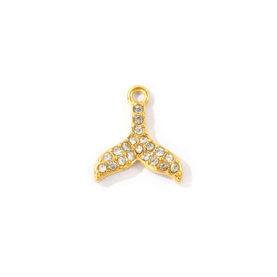 Bild von 2 Stück Umweltfreundliche PVD 304 Edelstahl Ozean Schmuck Charms Großhandel 18K Vergoldet Fischschwanz Micro Pave Transparent Strass 13mm x 12mm