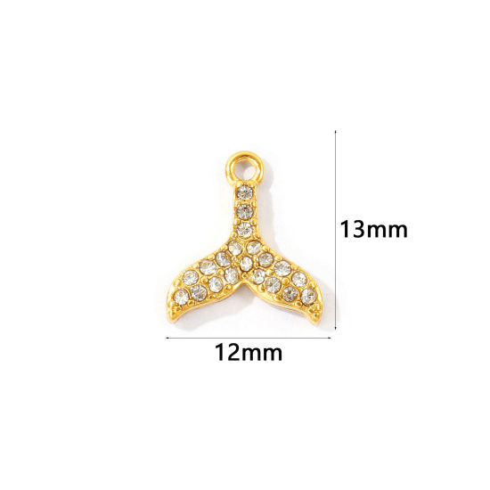 Bild von 2 Stück Umweltfreundliche PVD 304 Edelstahl Ozean Schmuck Charms Großhandel 18K Vergoldet Fischschwanz Micro Pave Transparent Strass 13mm x 12mm