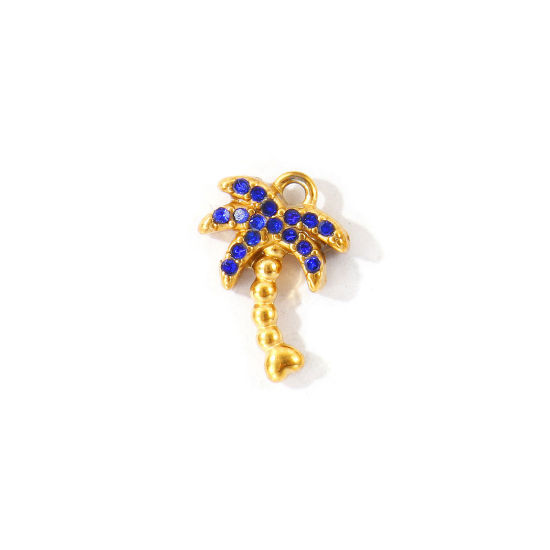 Bild von 2 Stück Umweltfreundliche PVD 304 Edelstahl Charms Großhandel 18K Vergoldet Kokospalme Micro Pave Saphirblau Strass 14mm x 10mm
