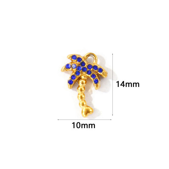 Bild von 2 Stück Umweltfreundliche PVD 304 Edelstahl Charms Großhandel 18K Vergoldet Kokospalme Micro Pave Saphirblau Strass 14mm x 10mm