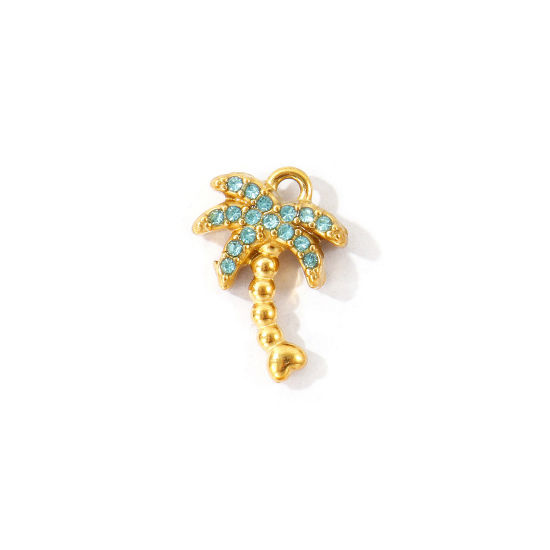 Bild von 2 Stück Umweltfreundliche PVD 304 Edelstahl Charms Großhandel 18K Vergoldet Kokospalme Micro Pave Cyan Strass 14mm x 10mm
