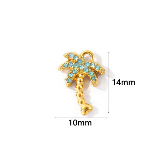 Bild von 2 Stück Umweltfreundliche PVD 304 Edelstahl Charms Großhandel 18K Vergoldet Kokospalme Micro Pave Cyan Strass 14mm x 10mm