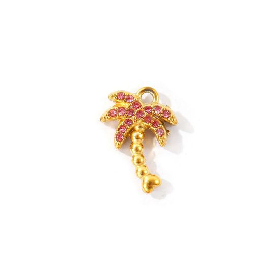 Bild von 2 Stück Umweltfreundliche PVD 304 Edelstahl Charms Großhandel 18K Vergoldet Kokospalme Micro Pave Rosa Strass 14mm x 10mm