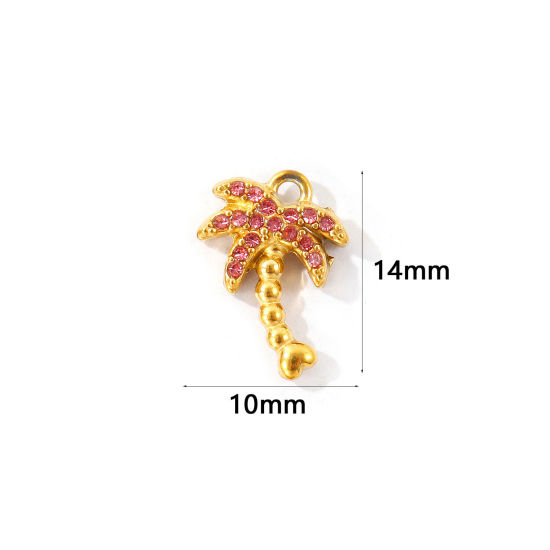 Bild von 2 Stück Umweltfreundliche PVD 304 Edelstahl Charms Großhandel 18K Vergoldet Kokospalme Micro Pave Rosa Strass 14mm x 10mm