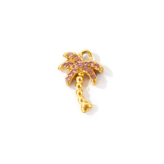 Bild von 2 Stück Umweltfreundliche PVD 304 Edelstahl Charms Großhandel 18K Vergoldet Kokospalme Micro Pave Rosa Strass 14mm x 10mm
