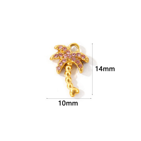 Bild von 2 Stück Umweltfreundliche PVD 304 Edelstahl Charms Großhandel 18K Vergoldet Kokospalme Micro Pave Rosa Strass 14mm x 10mm