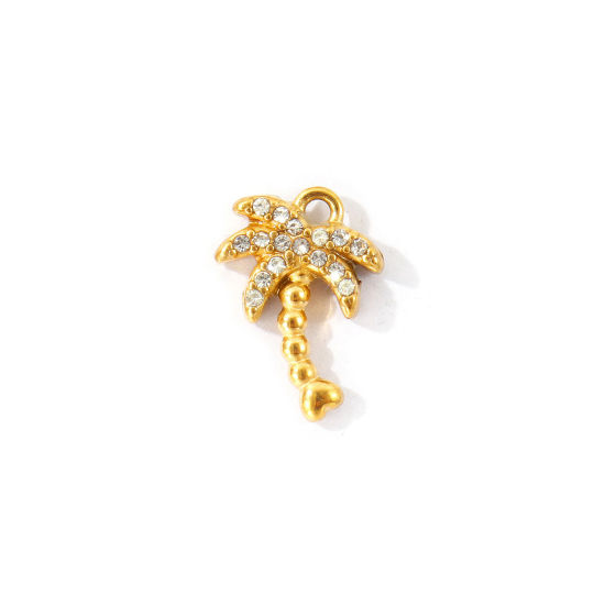 Bild von 2 Stück Umweltfreundliche PVD 304 Edelstahl Charms Großhandel 18K Vergoldet Kokospalme Micro Pave Transparent Strass 14mm x 10mm