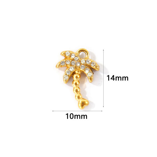 Bild von 2 Stück Umweltfreundliche PVD 304 Edelstahl Charms Großhandel 18K Vergoldet Kokospalme Micro Pave Transparent Strass 14mm x 10mm